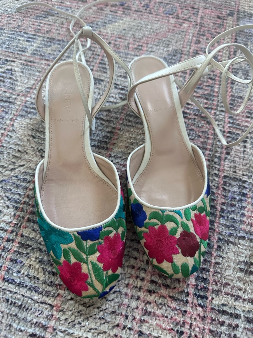 J. Crew Cream Ankle-Tie Heels with Pink, Green & Blue Floral Embroidery